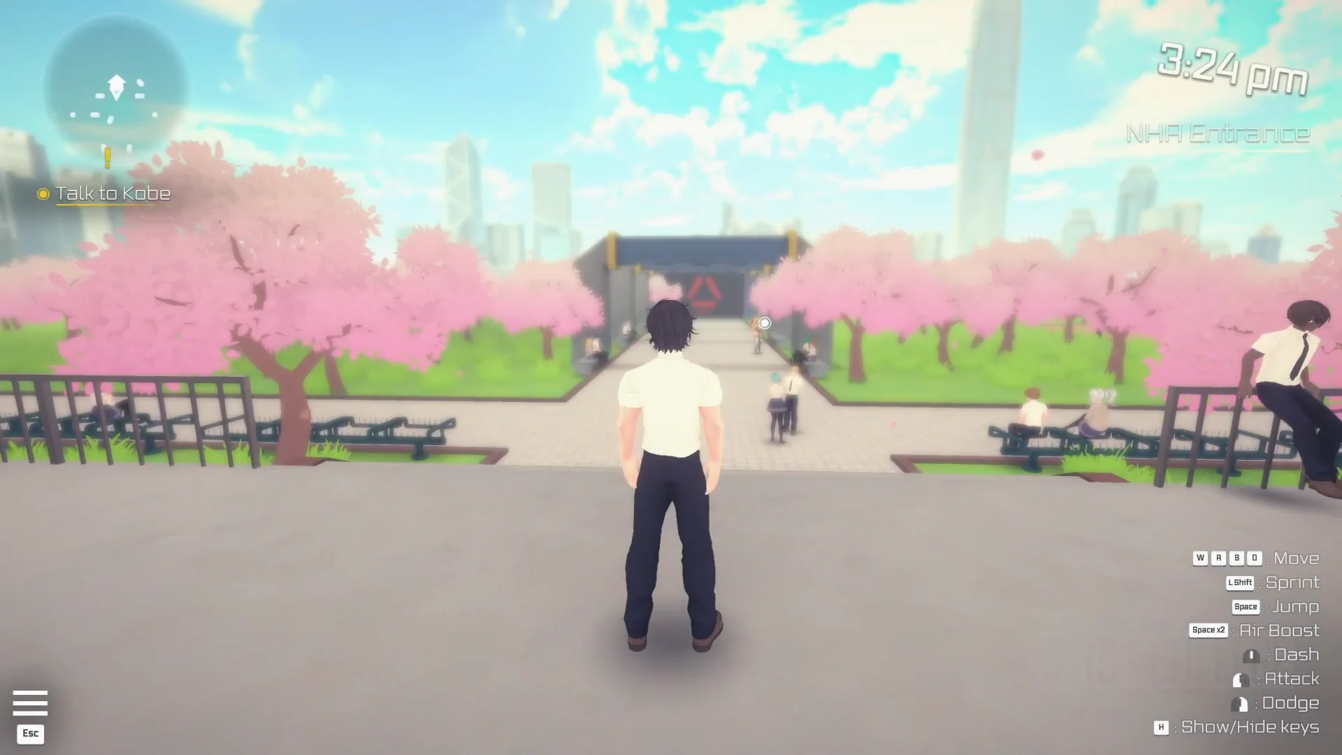The player at the academy entrance under cherry blossom trees