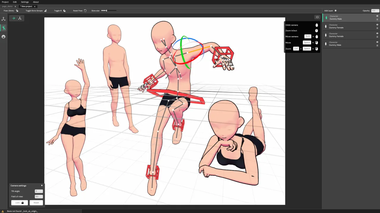 Four posable dummy characters in different poses, with bone handles on the one in the middle