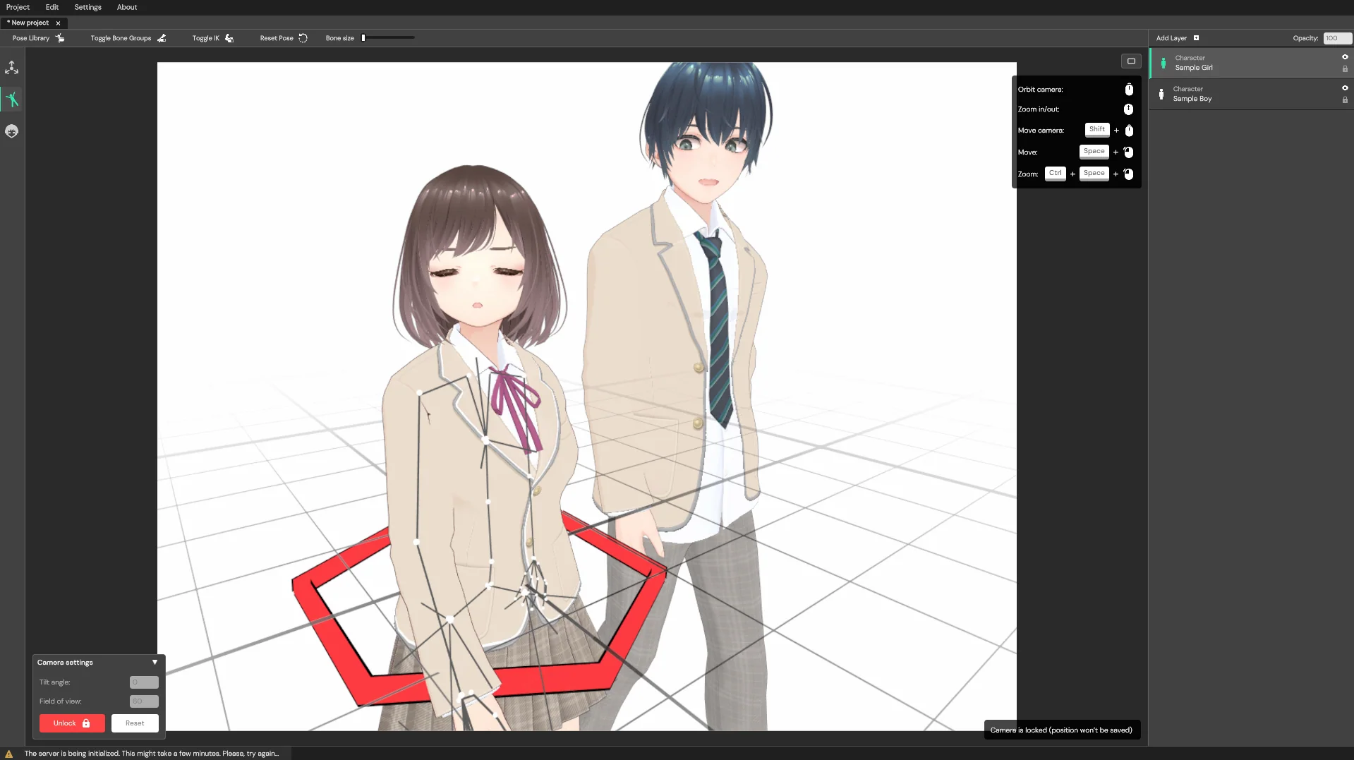 Two anime characters in school uniforms with a bone rig on the girl