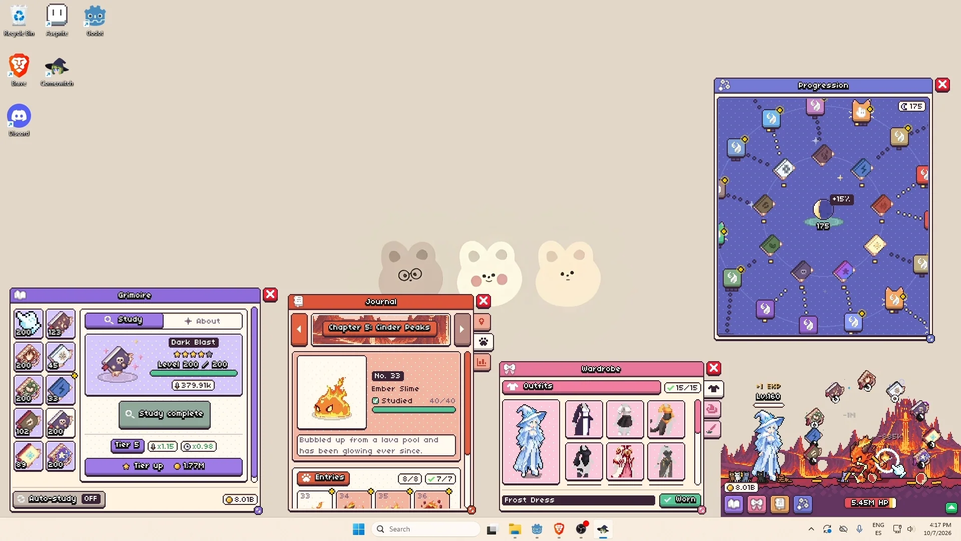 Cornerwitch on the desktop with the Progression map open
