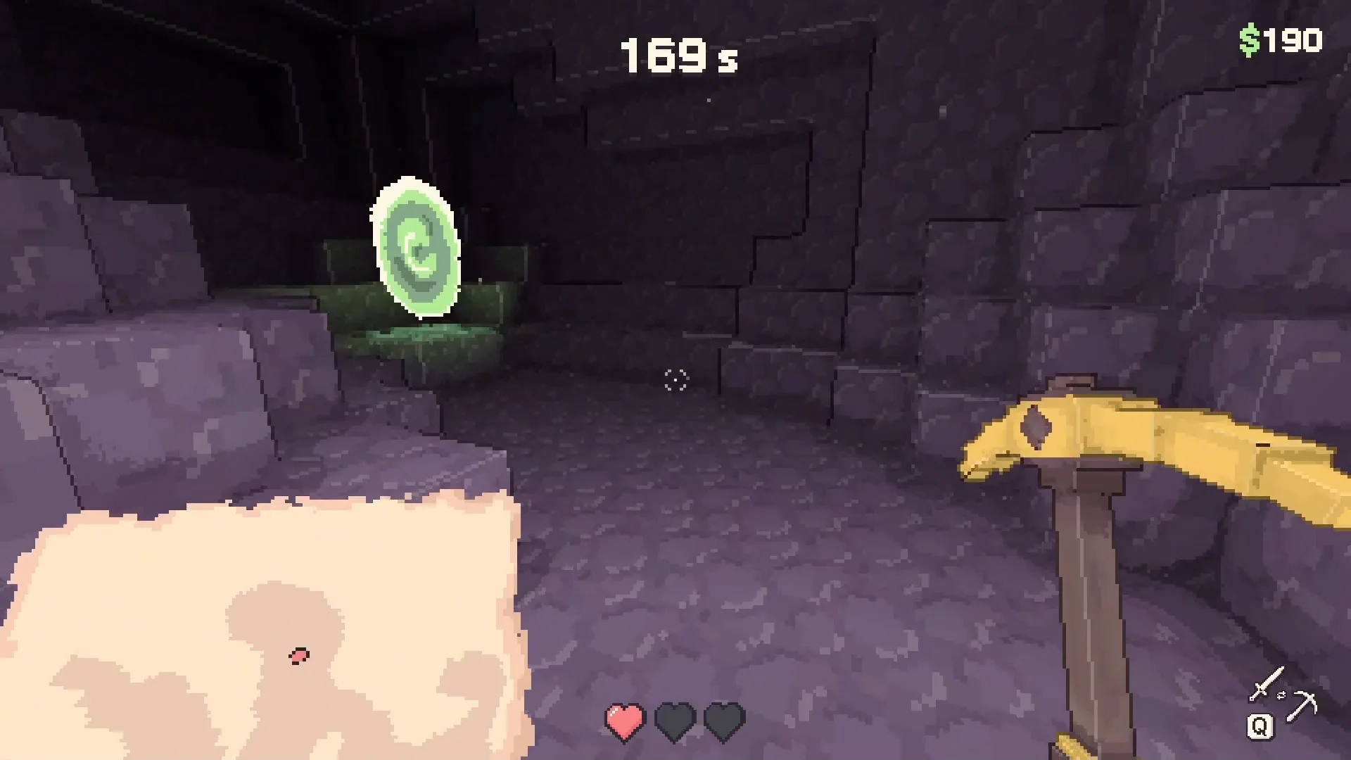 Mining with a golden pickaxe in a dark purple cave